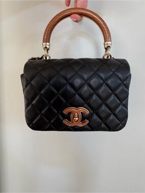 Chanel Black Quilted Flap Bag with Brown Wood Handle and Strap